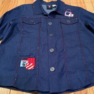 Sportelle Women's Denim Button Down Shirt Red Stitching & Beading grannycore